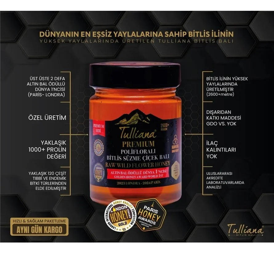 Tulliana Premium Polifloral (Çok Çiçekli) Organik Süzme Bitlis Balı 850g (Altın Bal Ödüllü)