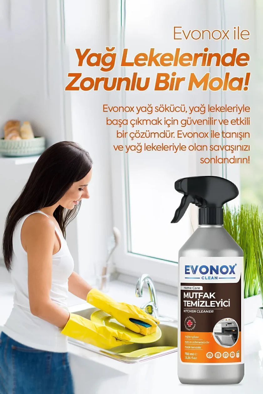 Evonox Clean Ultra Güçlü Mutfak Yüzey Temizleyici ve Yağ Sökücü Limon Kokulu Sprey 750 ml