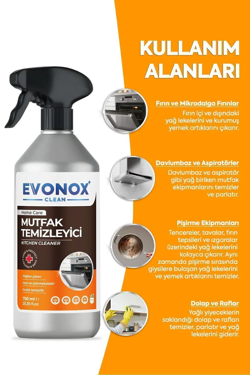 Evonox Clean Ultra Güçlü Mutfak Yüzey Temizleyici ve Yağ Sökücü Limon Kokulu Sprey 750 ml