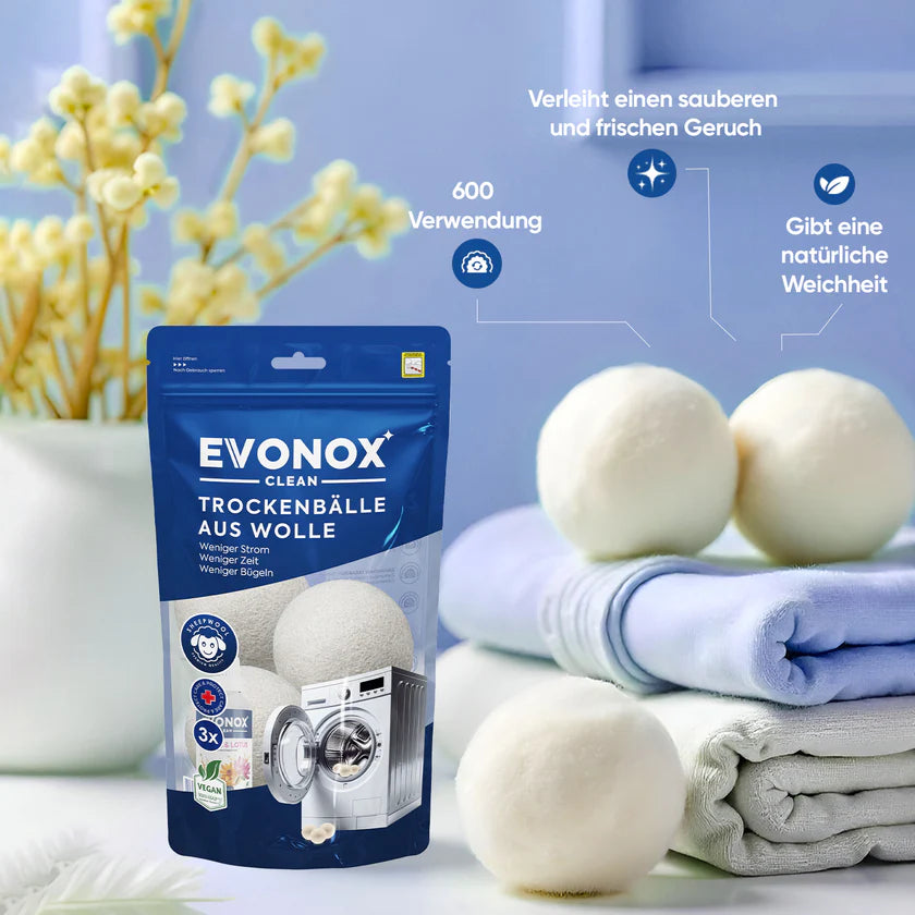 Evonox Clean – 3’lü Yün Kurutma Topu Seti (Evonox Clean – 3er-Set Trocknerbälle aus Wolle)