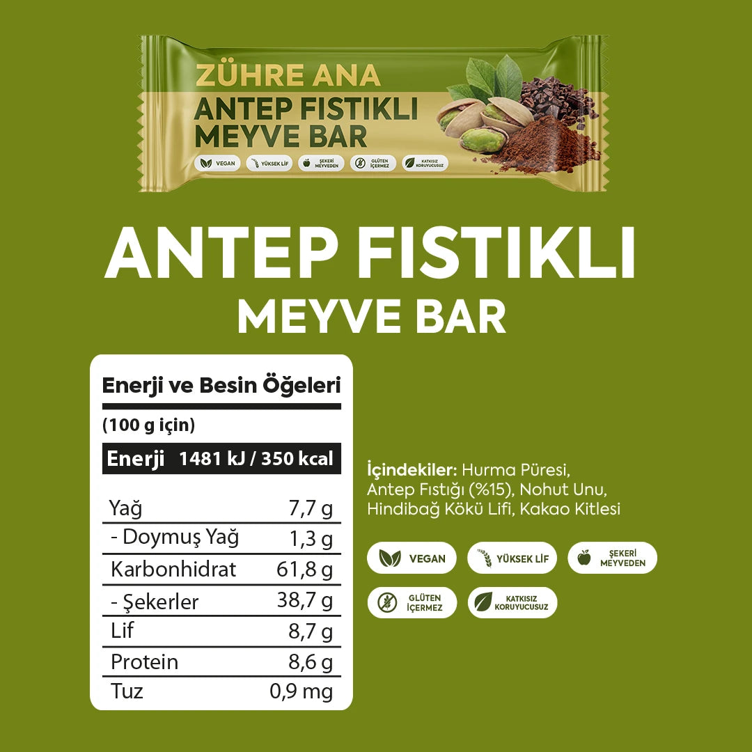 fruchtriegel mit 15 prozent antep-pistazien und kakao