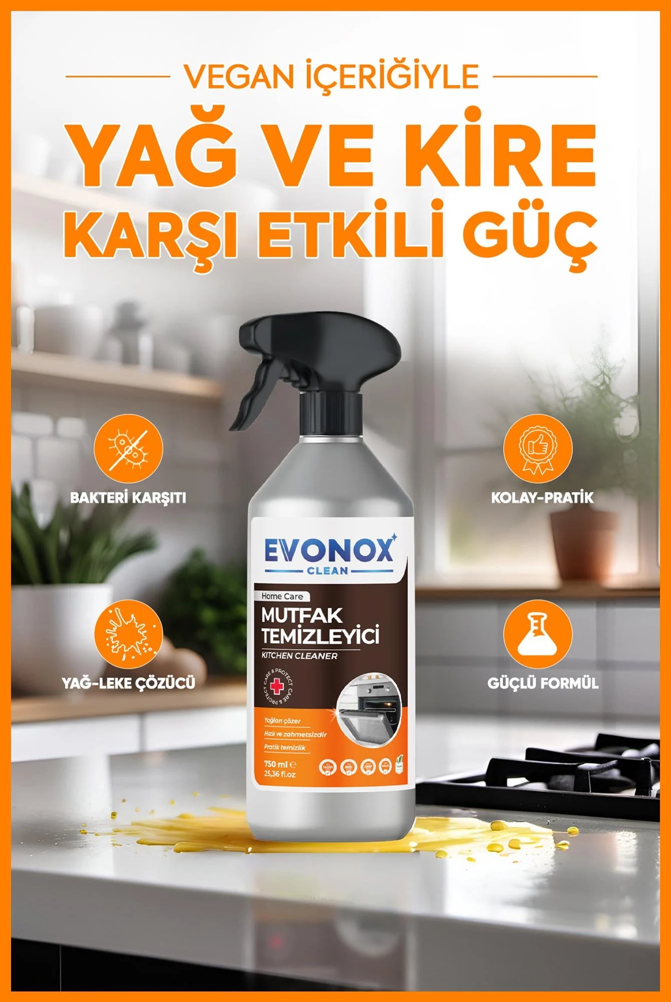 Evonox Clean Ultra Güçlü Mutfak Yüzey Temizleyici ve Yağ Sökücü Limon Kokulu Sprey ( Ultra Starker Küchenreiniger & Fettlöser – Zitronenduft ) 750 ml