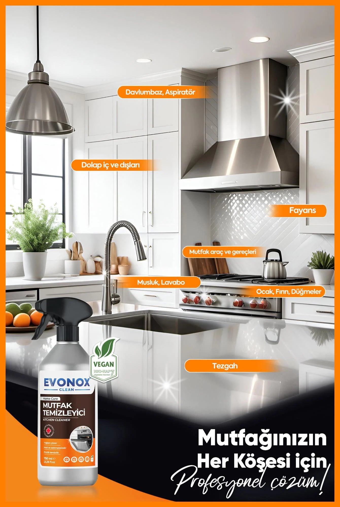 Evonox Clean Ultra Güçlü Mutfak Yüzey Temizleyici ve Yağ Sökücü Limon Kokulu Sprey ( Ultra Starker Küchenreiniger & Fettlöser – Zitronenduft ) 750 ml