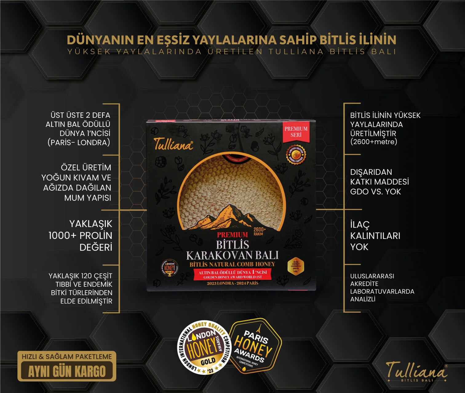 Tulliana Premium Polifloral Organik Bitlis Karakovan Balı ((Altın Bal Ödüllü) 1200-1300g